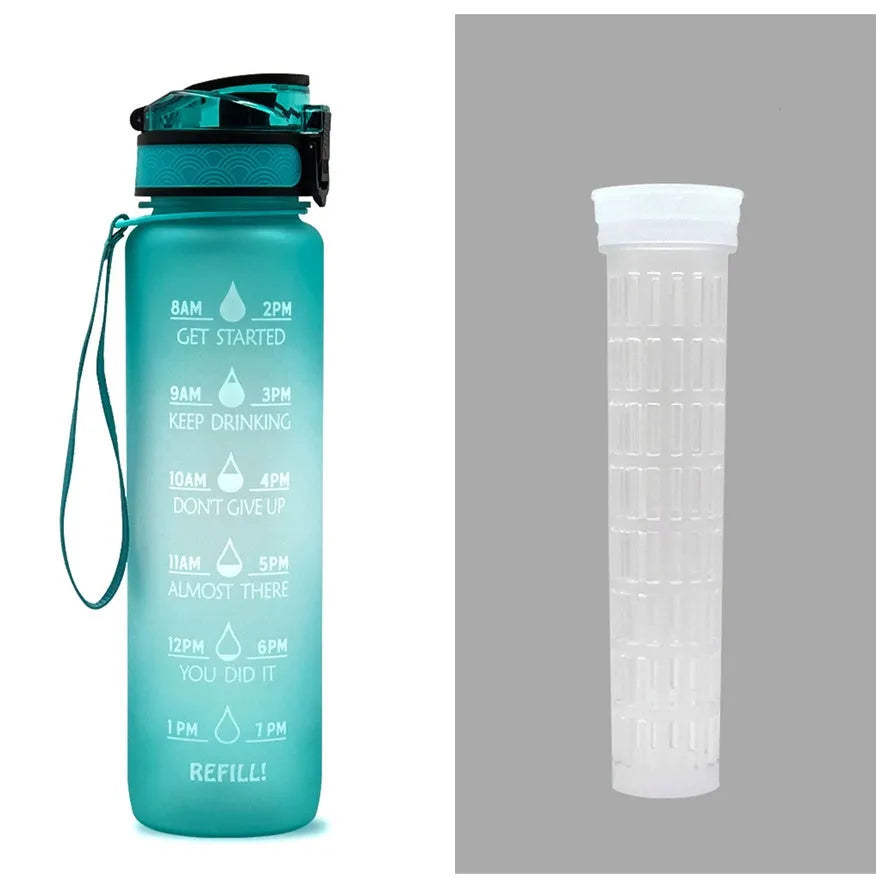 Blue and red gradient 1-litre Tritan sports water bottle with time markers, flip-top lid, and wrist strap.