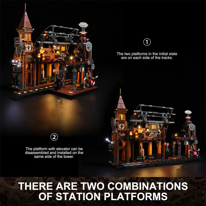 Steampunk train station model built from 1843 plastic blocks with LED lights and flash function