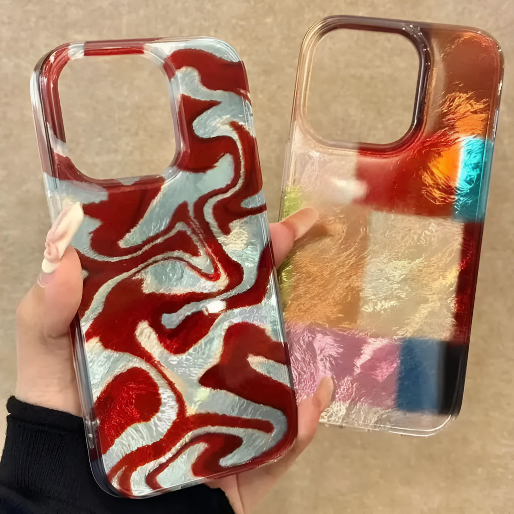 Corrugated multi-colour blocks iPhone case in frosted PC with glacier pattern, square grid stitching or abstract red ripple