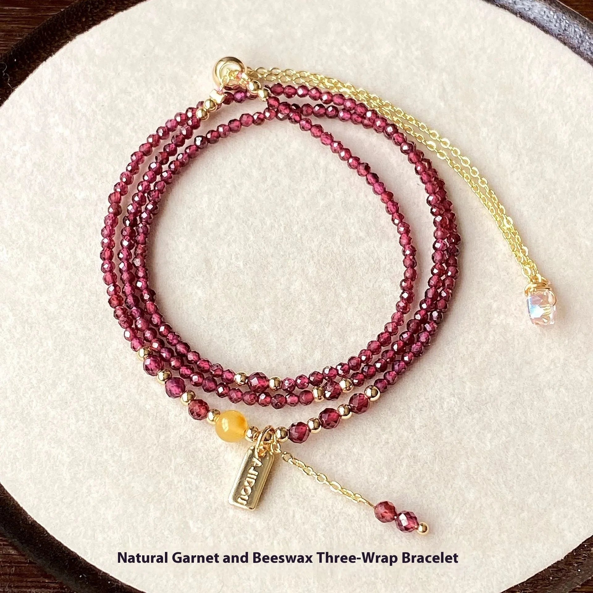 Garnet three circle bracelet with beeswax cut surface and electroplated finish