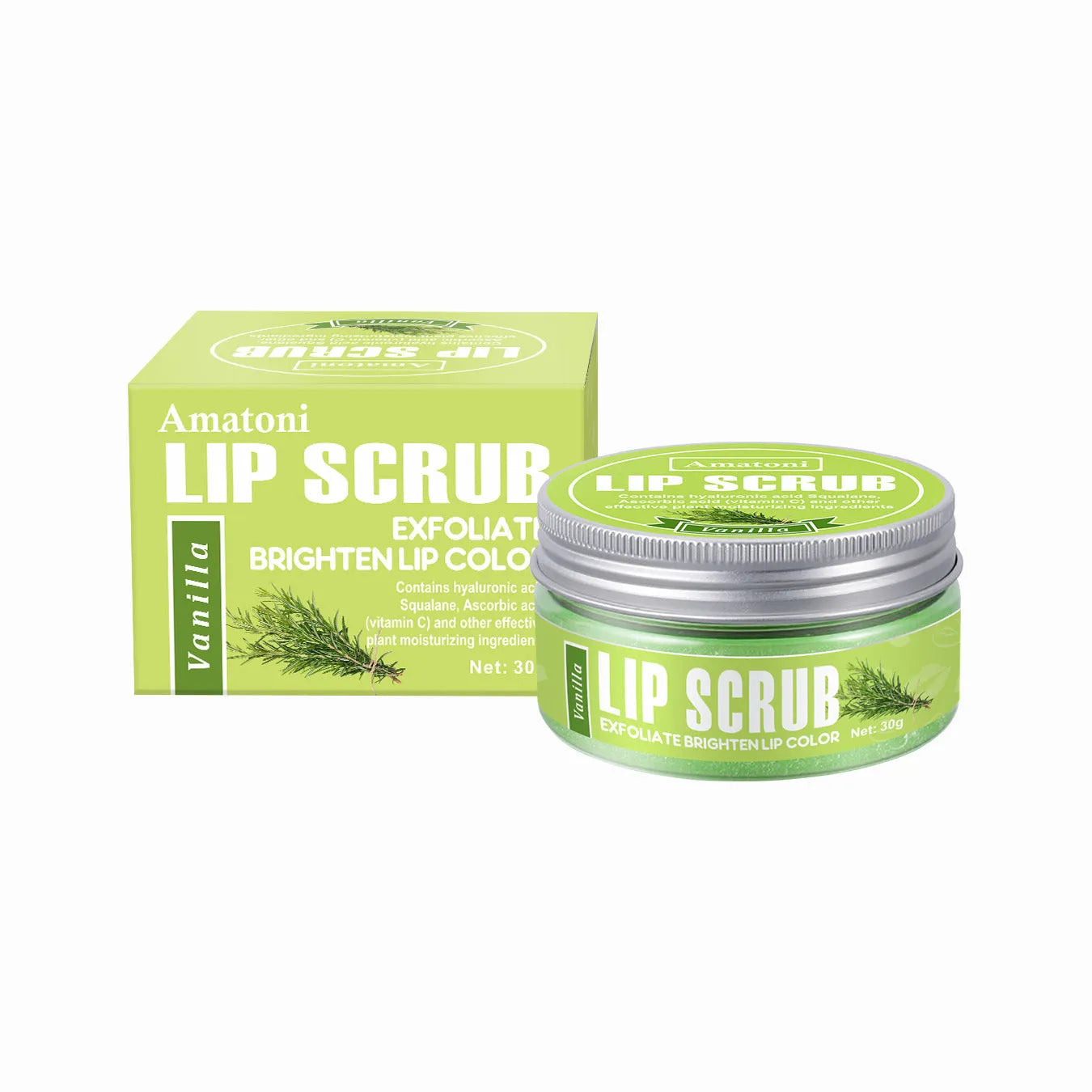 Amatoni Lip Scrub 30g tube in fruit flavours: coconut, raspberry, vanilla, watermelon