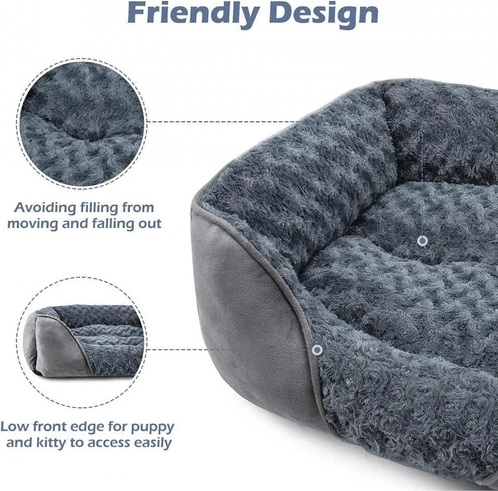 Beige plush kennel-style pet bed for dogs or cats, showing enclosed sides and soft cushioning.