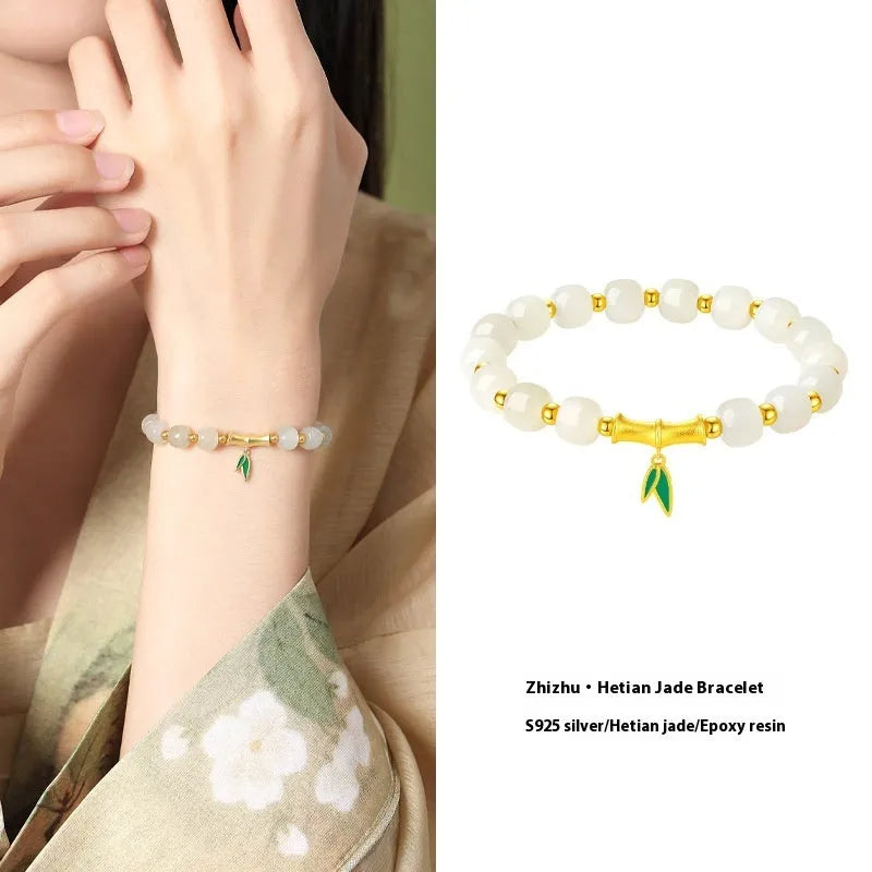 S925 sterling silver bracelet with Hetian jade beads and bamboo leaf charms in gold colour