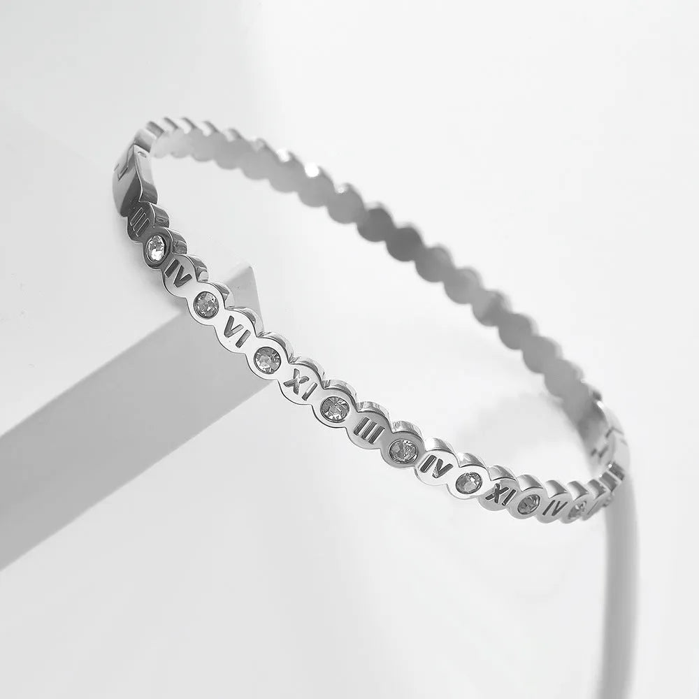 Korean style titanium steel bracelet with numeric elements in gold, rose gold and steel colour options