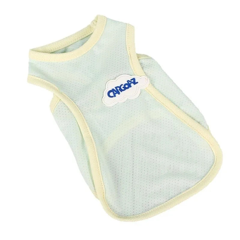 Grass green thin polyester vest for a cat on a white background, showing anti-lint sports style.
