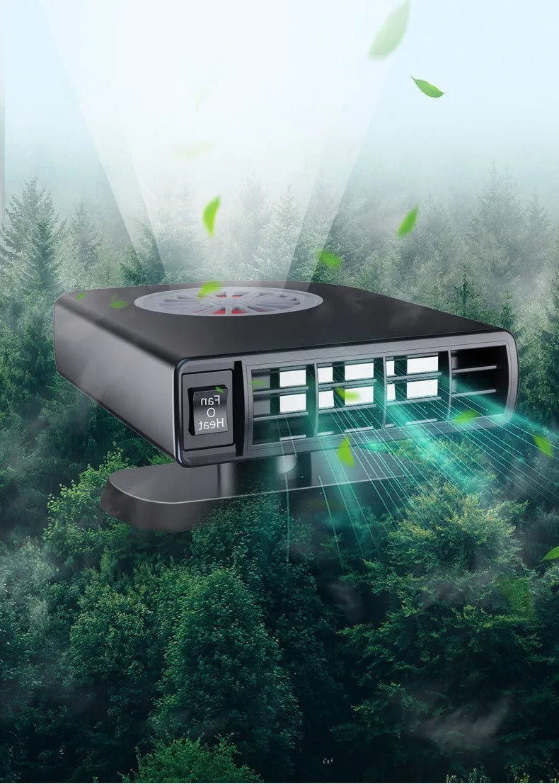Black compact vehicle-mounted heater for car defrosting and air purification on a dashboard.