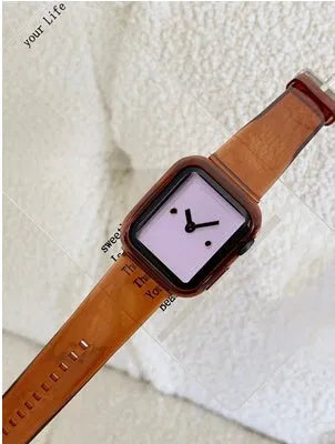 Brown transparent Apple Watch replacement strap and case compatible with iWatch series 1-7 in 38mm to 45mm sizes