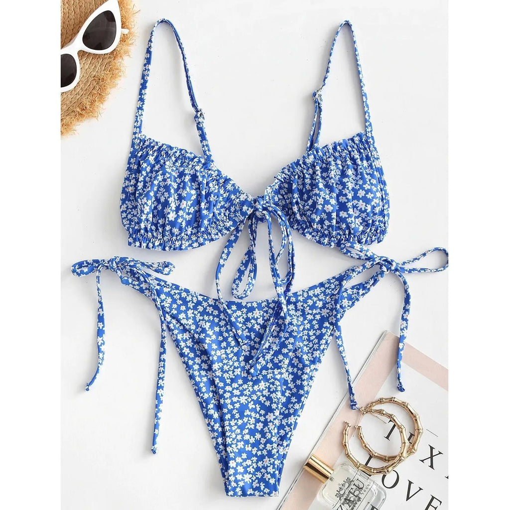 Blue women's pullover bikini swimsuit with printed rope band design and short sleeves