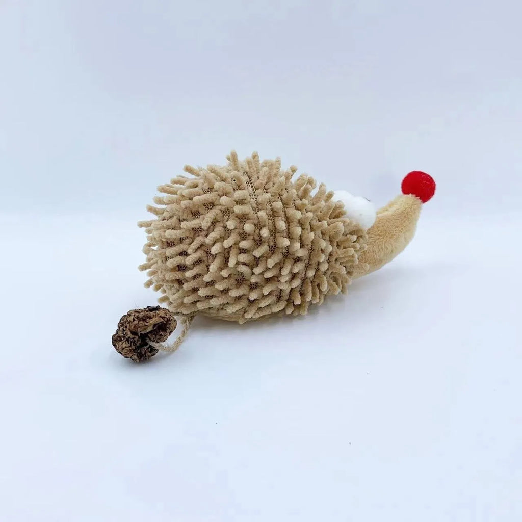 Khaki chenille cat toy shaped like a cartoon hedgehog with catnip filling