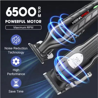 Black professional hair clipper set with aluminum foil shaver and LCD display.