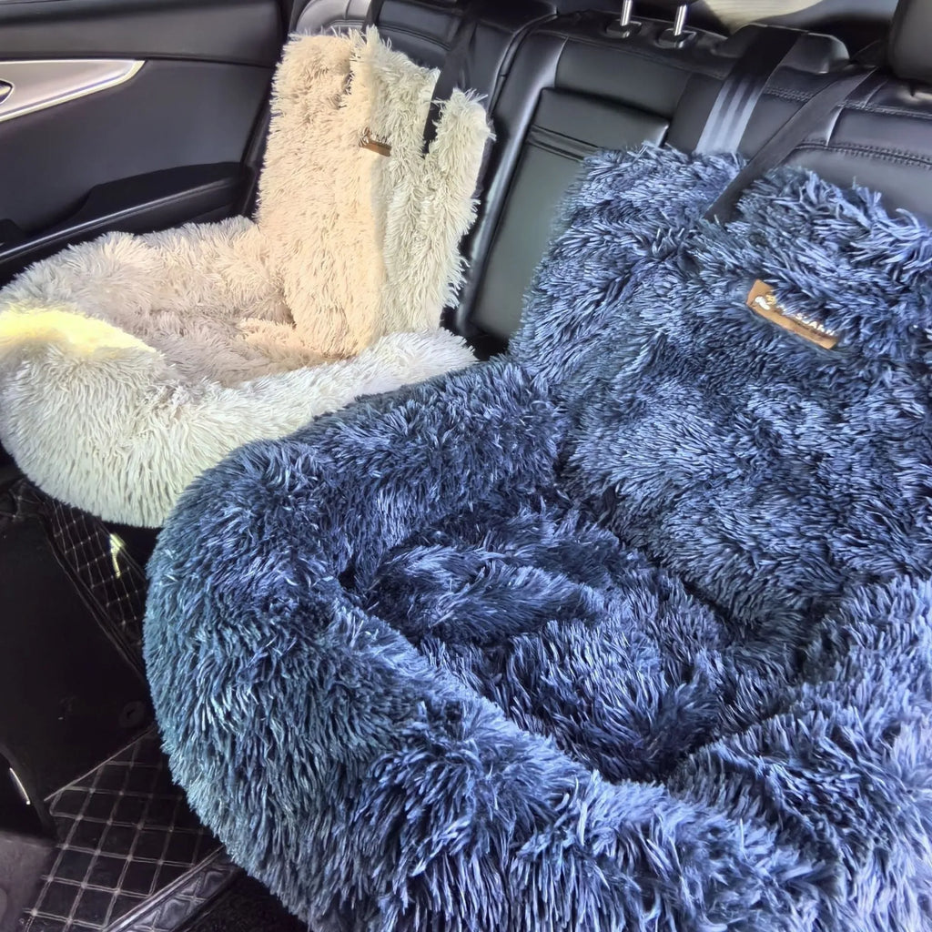 Dark grey thick thermal cloth pet mat placed on a car seat for dog or cat travel protection.