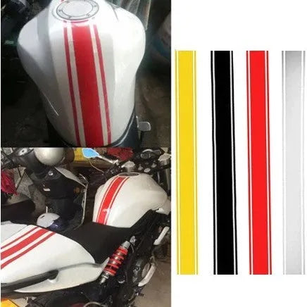 Long black and silver reflective pinstripe motorcycle sticker for gas tank lid application.