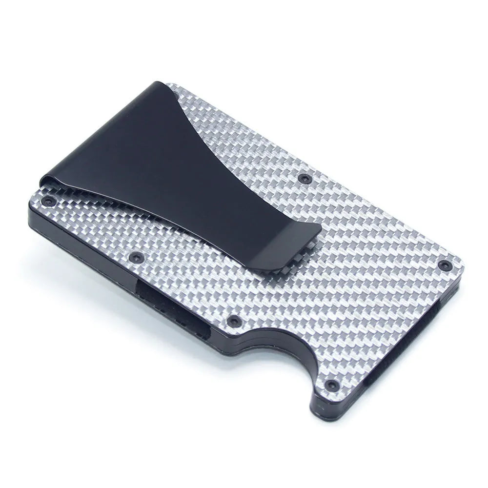 CH6600 slim geometric card holder in black carbon fibre, showing front profile and thickness.