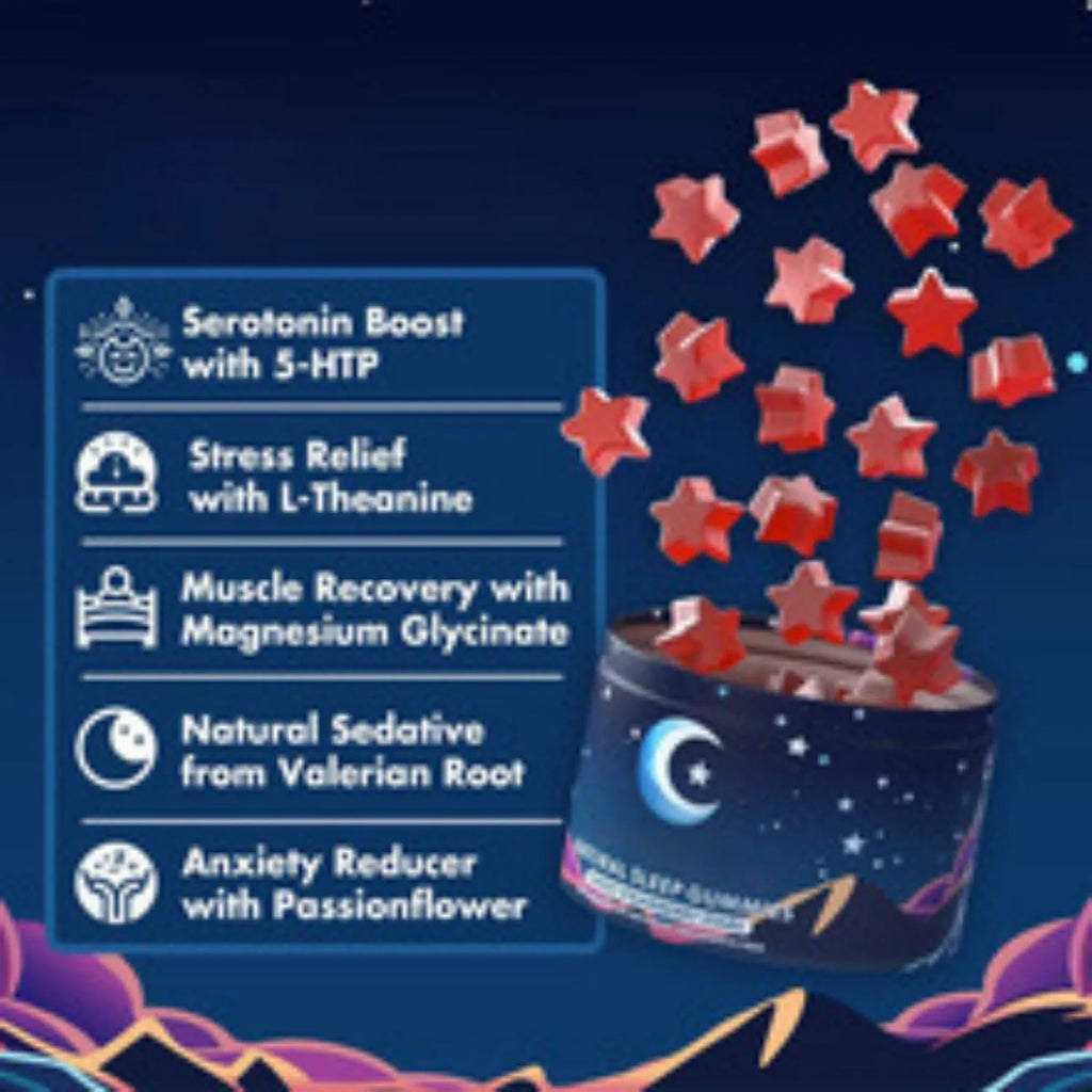 Container of 60 fruit-flavoured melatonin gummy sleep aid supplements