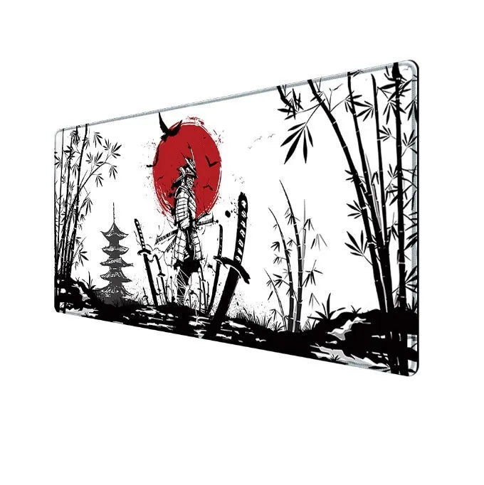 Japanese samurai artwork gaming mouse pad on a desk with a computer mouse