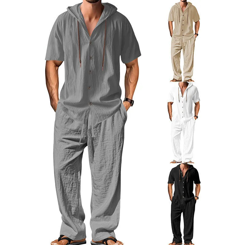 Men's cotton tracksuit set in grey, showing long sleeve top and matching trousers laid flat.