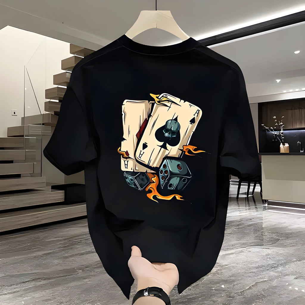 Men's black heavy cotton short-sleeve T-shirt with a printed design on a hanger.
