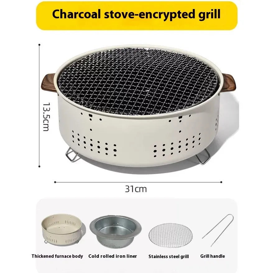 Modern portable charcoal cooking stove with integrated metal grill rack, for indoor use by 3-5 people.