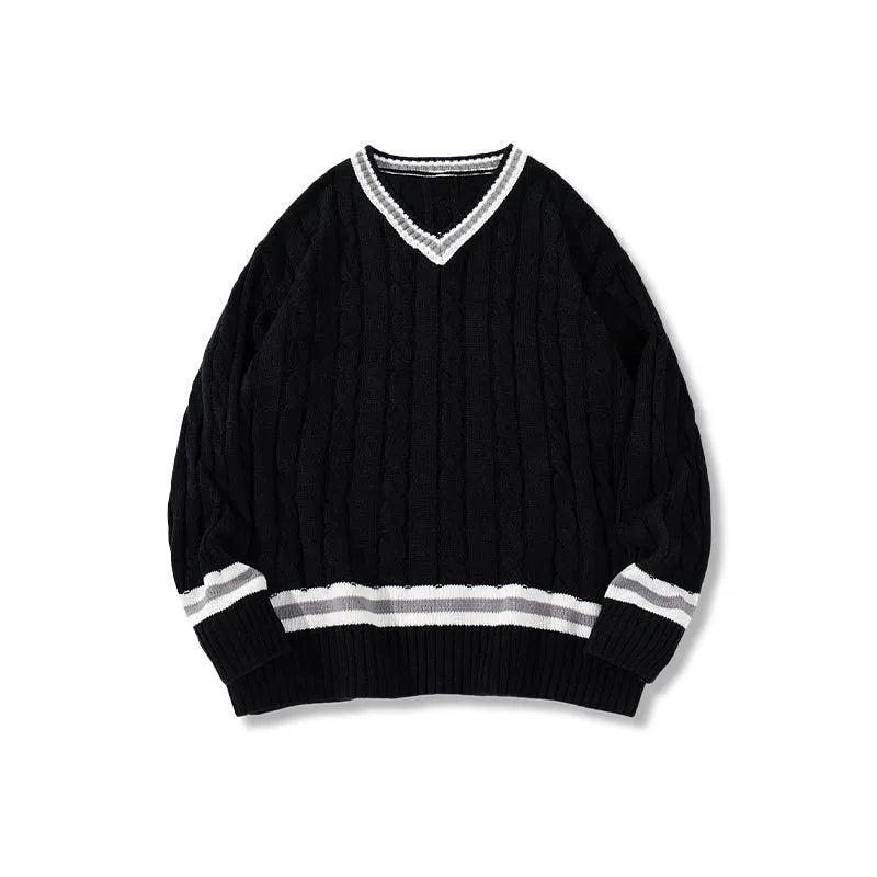 American collegiate style V-neck acrylic sweater in white, loose fit, pullover design for men