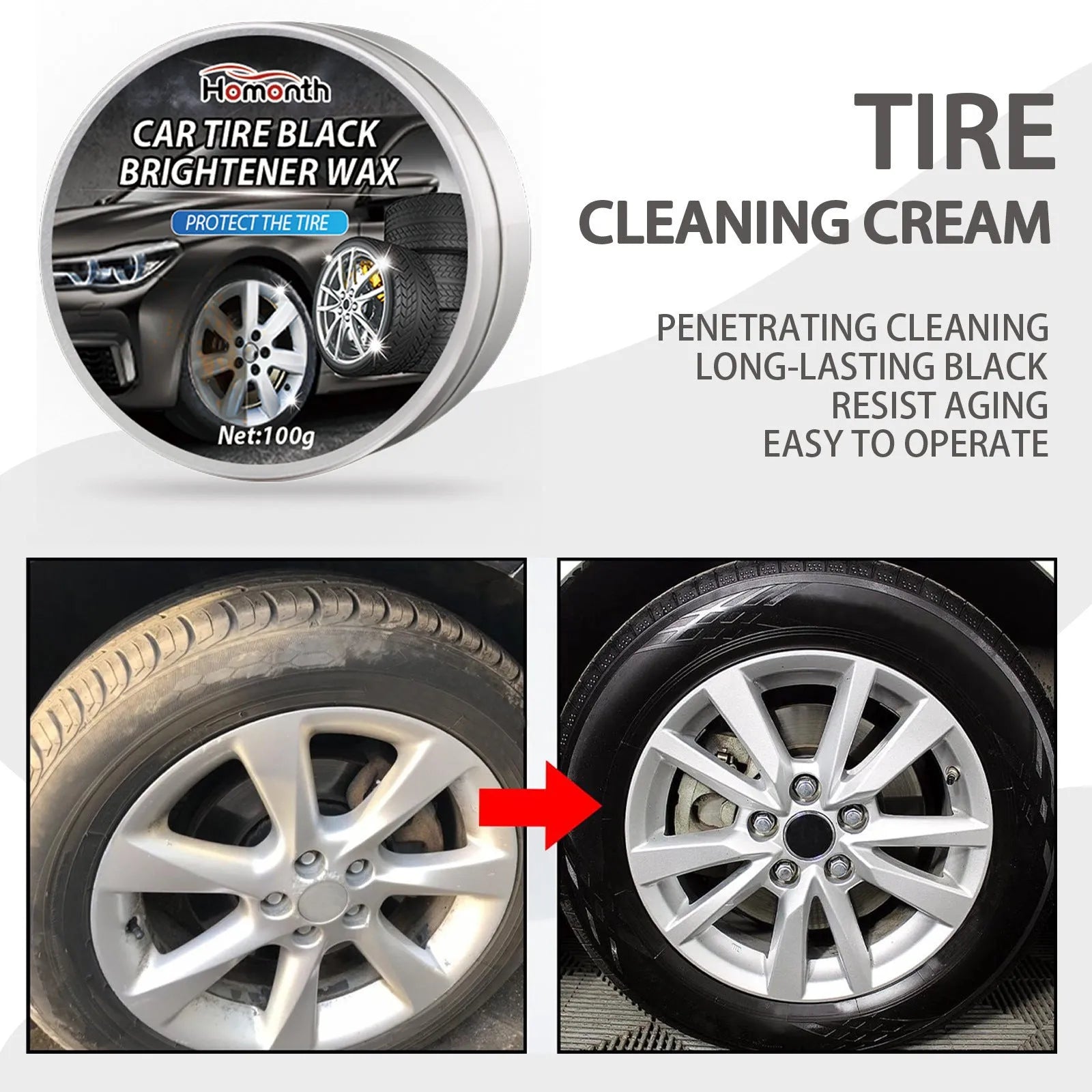 100g car tyre retreading wax in a pot with a white sponge applicator for wheel renovation