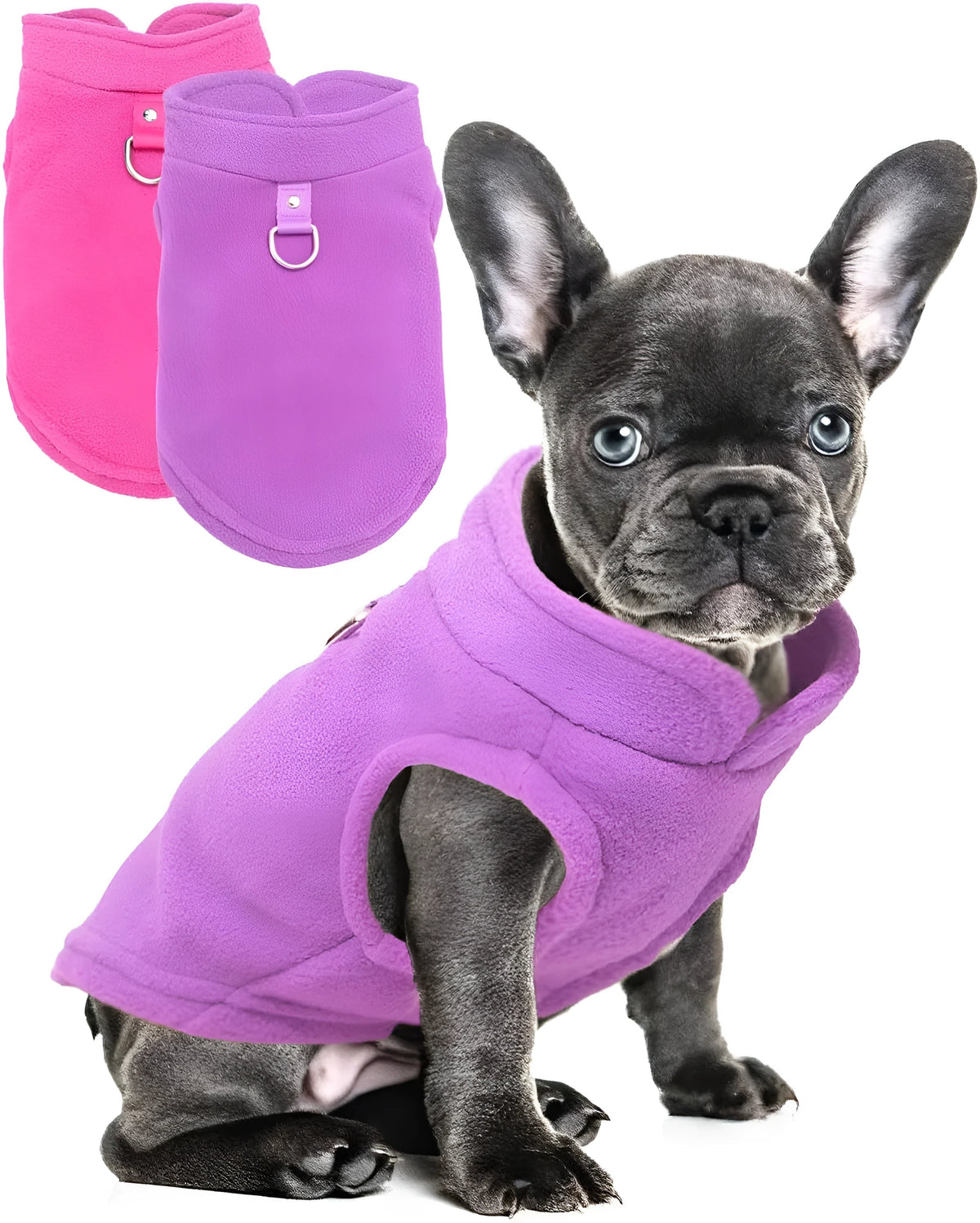 Two warm fleece dog sweaters with D-ring for leash attachment, suitable for small breeds in autumn and winter