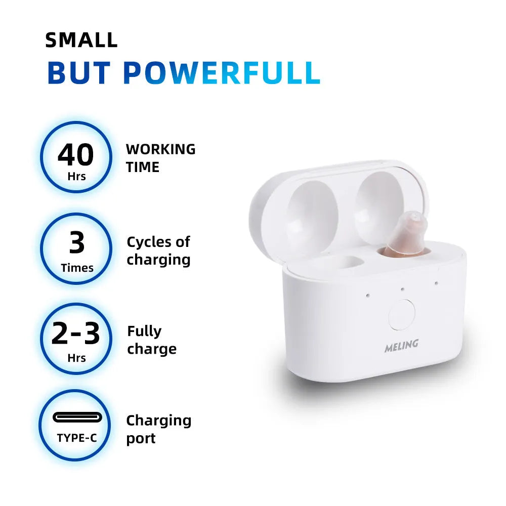 Beige rechargeable behind-the-ear hearing aid with magnetic charging dock and portable case.