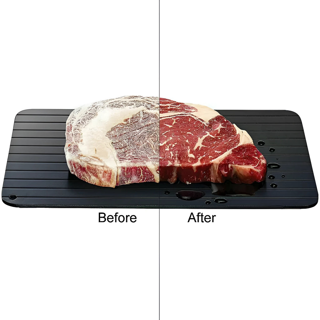 Black rectangular aluminium fast defrost tray for thawing frozen meat and fish