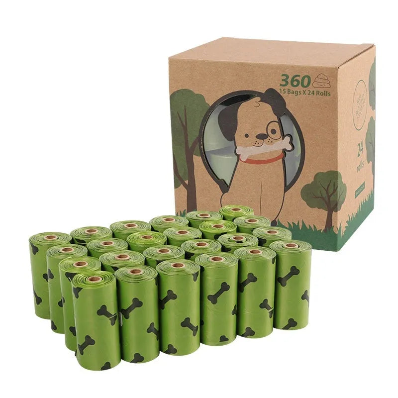 Roll of military green degradable dog poop bags with black bone print, showing bag size of 23x33cm.