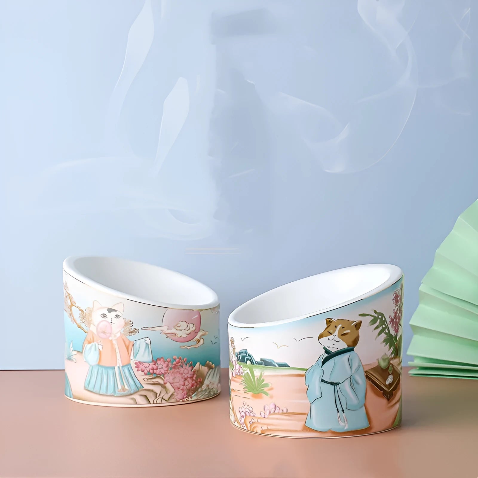 Ceramic high-leg cat bowl with double compartments and slanted mouth Chinese design