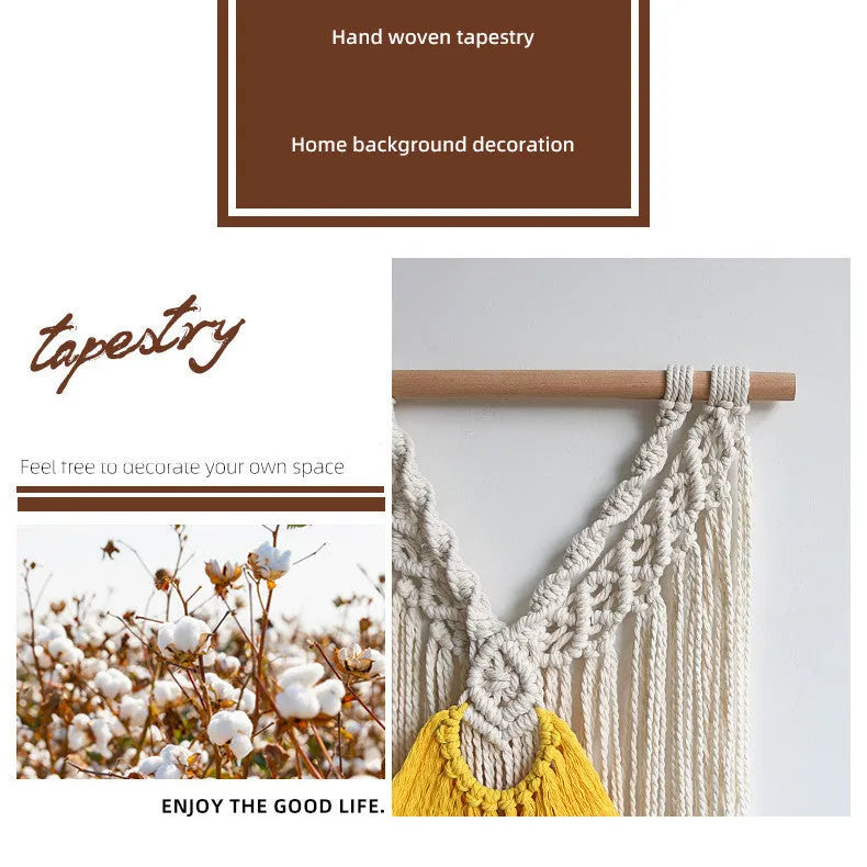 Creamy white hand-woven cotton Nordic tapestry hanging on a wall, rectangular shape 120cm by 95cm.