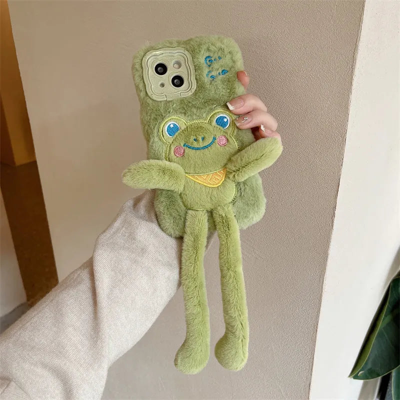 Green cartoon furry frog phone case with pull-out bracket on phone