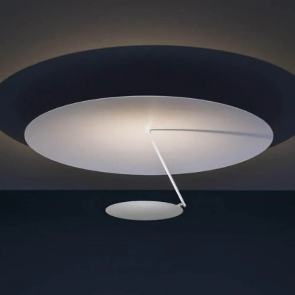 Modern circular iron ceiling lamp with a white powder-coated shade and integrated warm white LED light