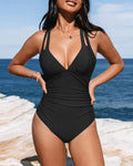 Solid colour one-piece swimsuit with triangle top and cross shoulder straps for women