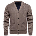 Men's brown striped cardigan sweater with long sleeves and a wool lining, shown on a hanger.