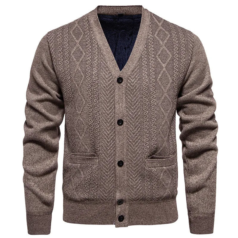 Men's brown striped cardigan sweater with long sleeves and a wool lining, shown on a hanger.