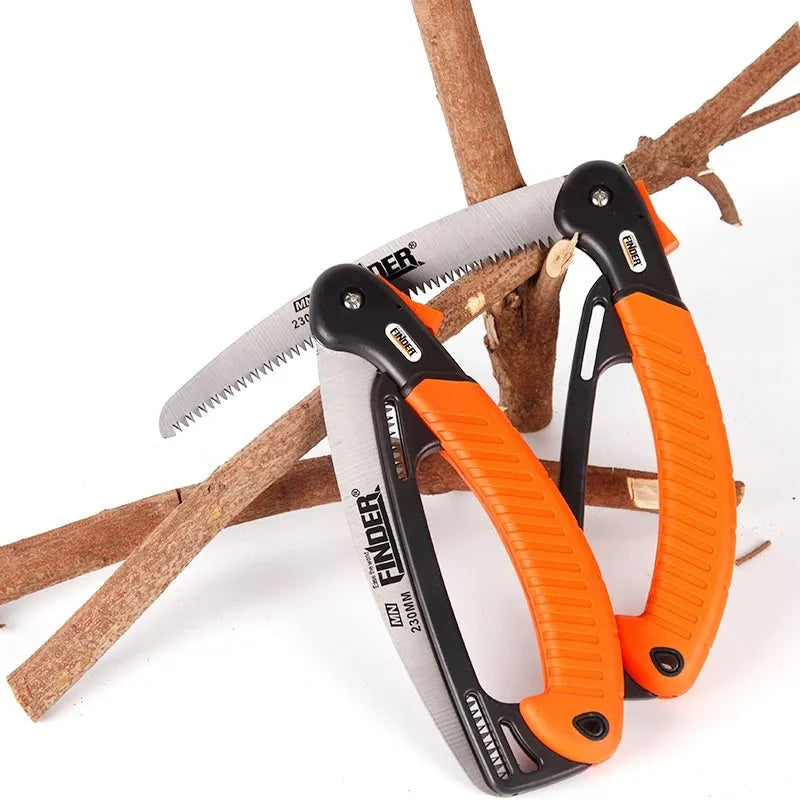 A folded and unfolded view of a 230mm folding garden saw with a TPR grip and steel blade.