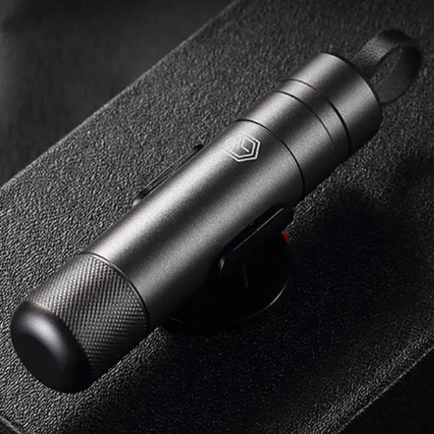 Gun grey automobile safety hammer with bearing steel impact head and seatbelt cutter measuring 87mm