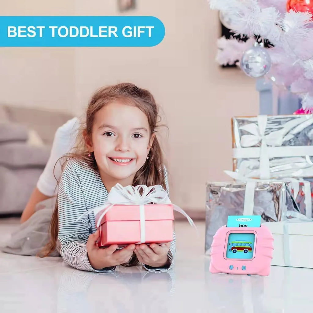 Children's English learning machine with audio book cards showing blue colour and educational interface