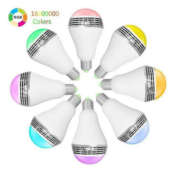 White LED smart bulb with E27 base and integrated Bluetooth speaker for lighting and audio.