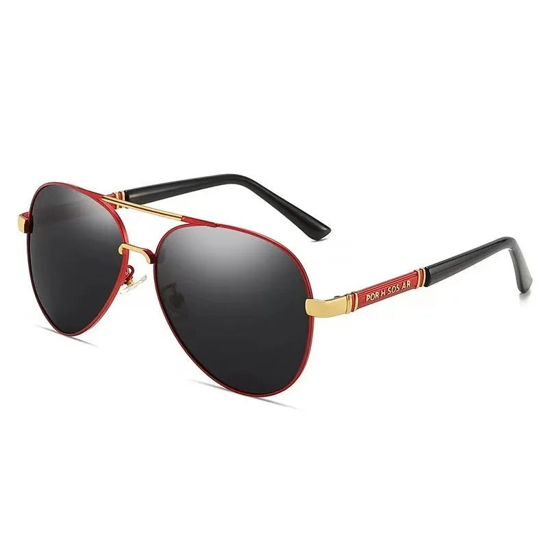 Gold metal framed polarised sunglasses for men with dragon motif on arms and grey lenses.