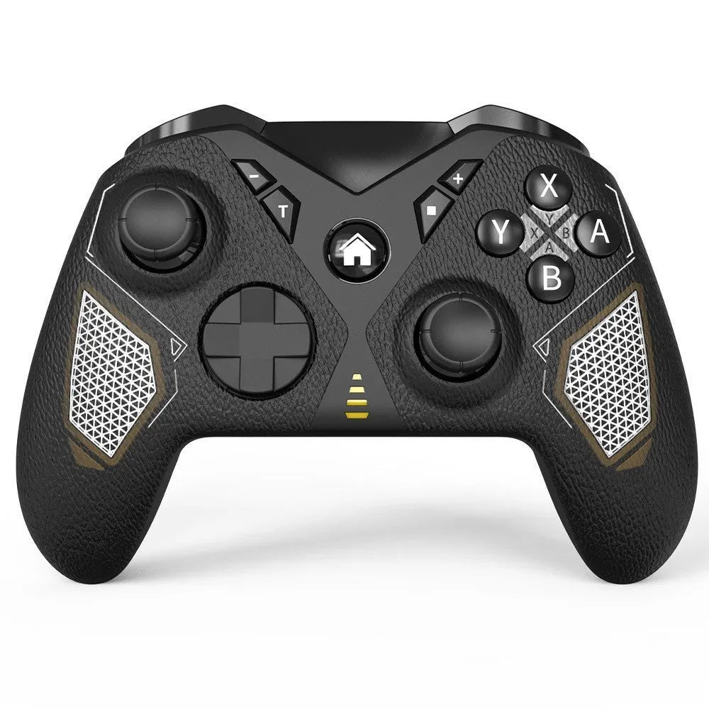 Black wireless game controller with leather-pattern texture on grips, shown next to a Type-C charging cable.