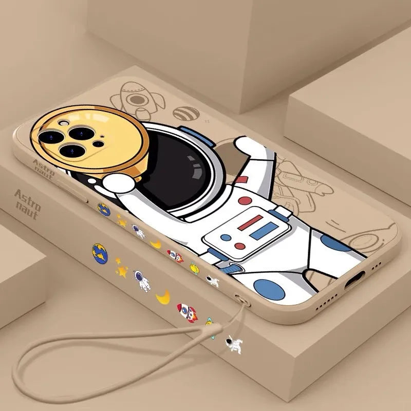 Silicone iPhone case with cartoon astronaut and starry sky planet design in blue.