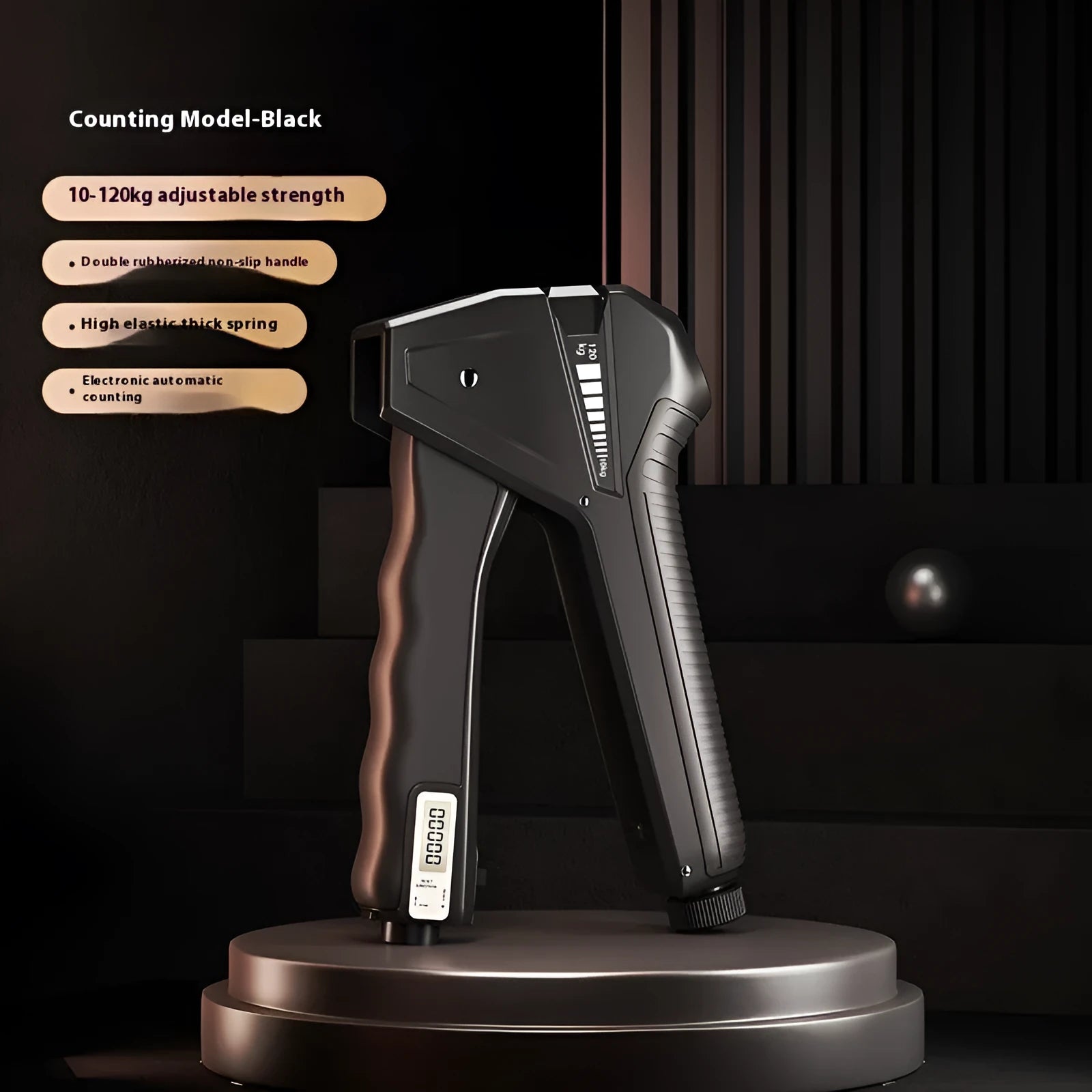 Adjustable PP plastic hand grip strengthener showing spring mechanism and available colour variants.