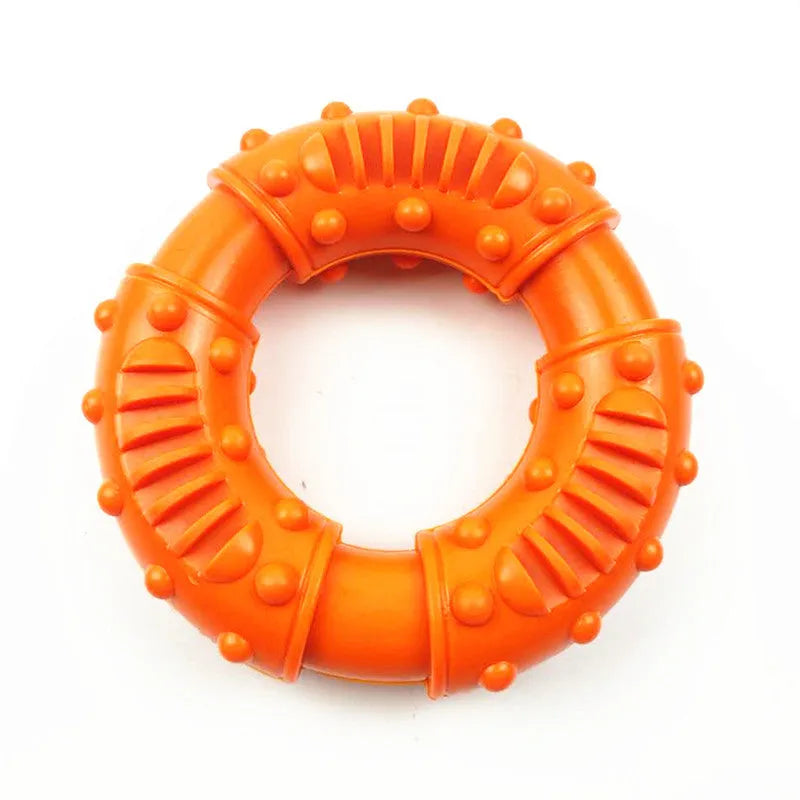 Blue, orange, and red bouncy hollow dog fetching stick toy for safe chew and fetch play.