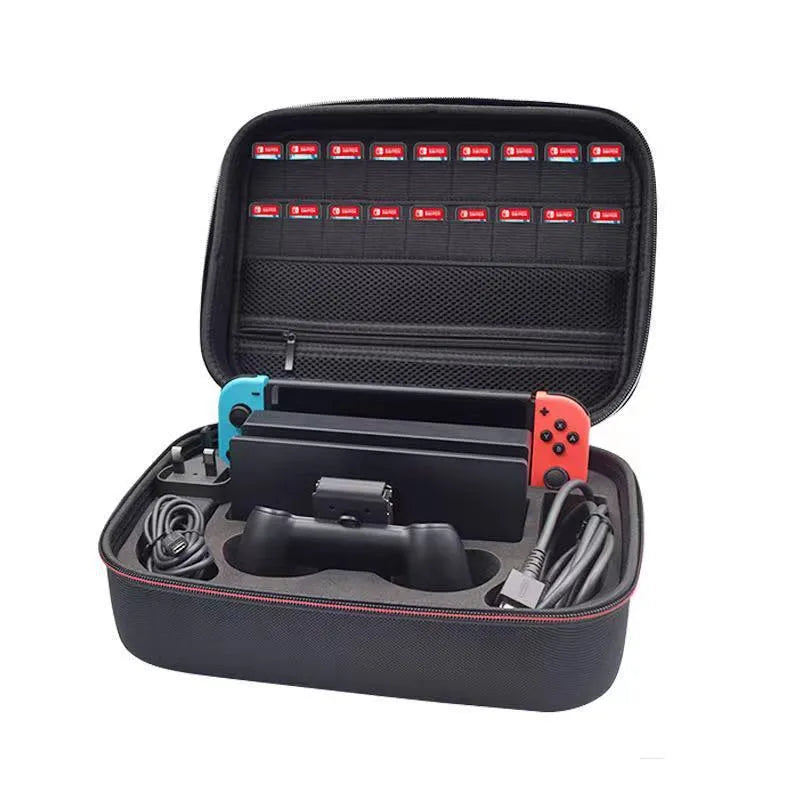 Black EVA hard shell game console accessory storage bag shown in two size options.