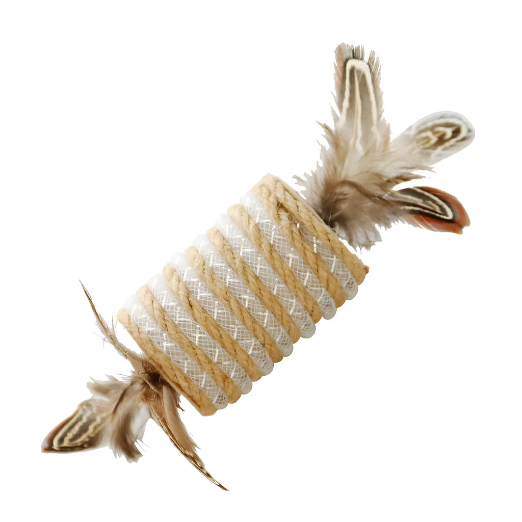 Beige interactive cat toy with hemp rope scratching post, colourful feathers, and a rolling sound mechanism.