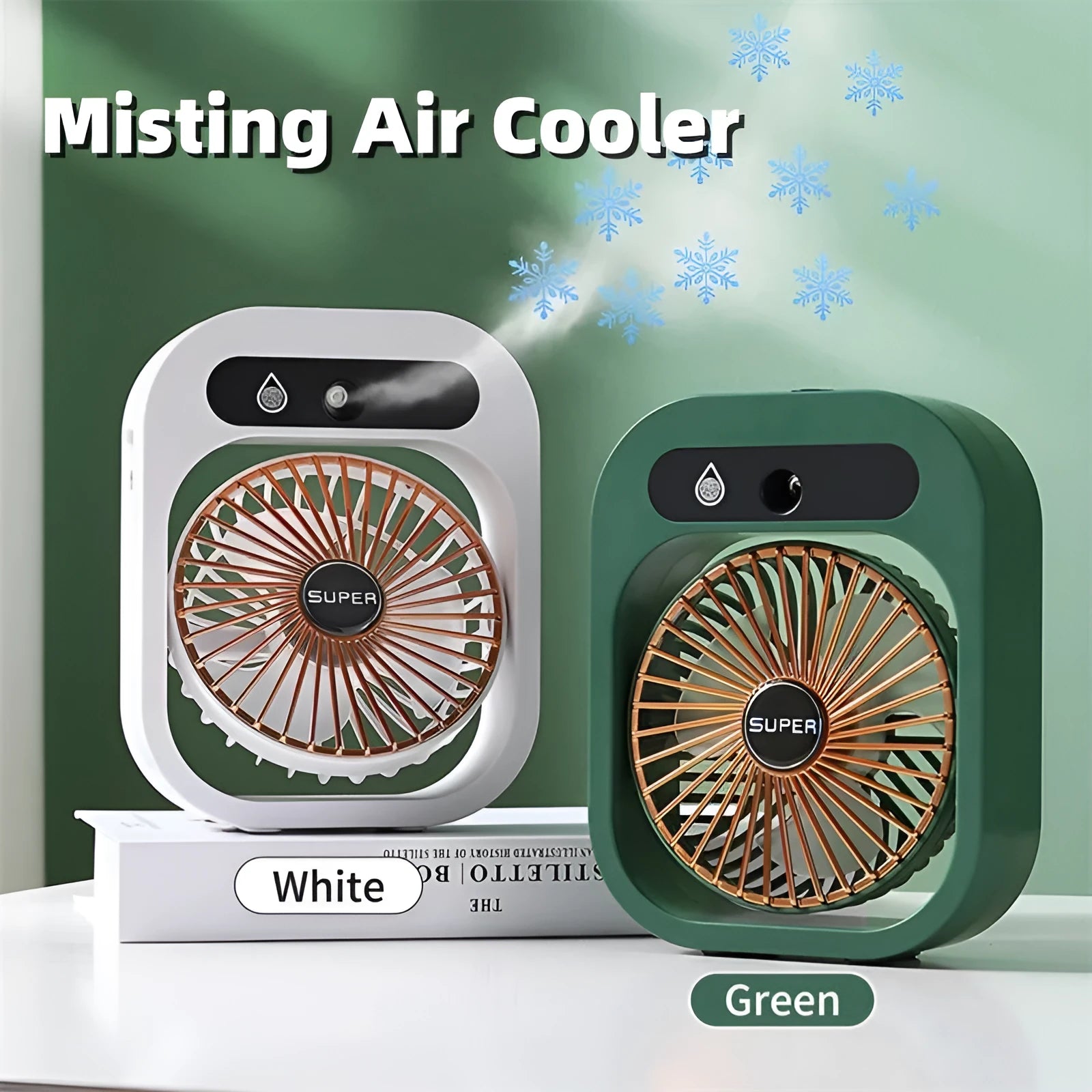 Green and white USB portable desk misting fan with humidifier function and adjustable wind direction
