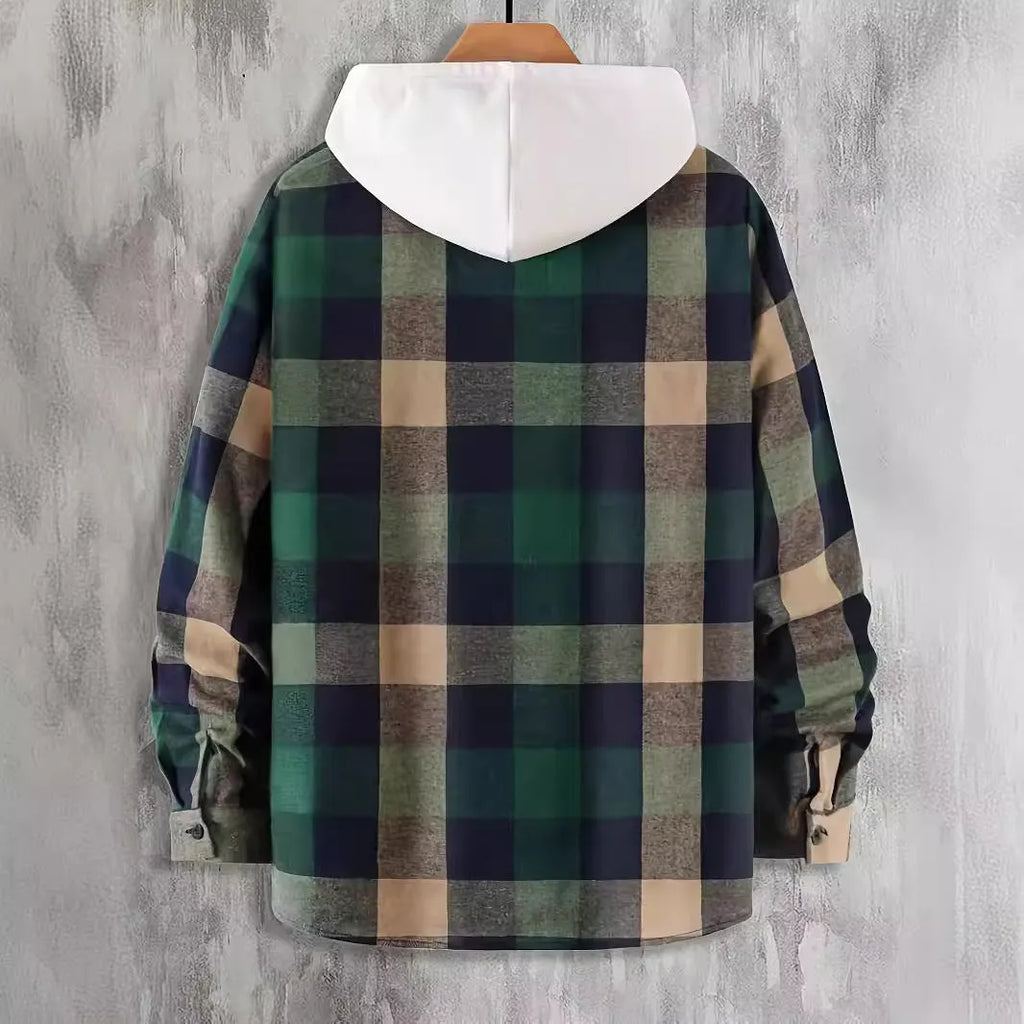 Dark green men's cotton plaid cardigan shirt with cardigan front, available in sizes S to XXL