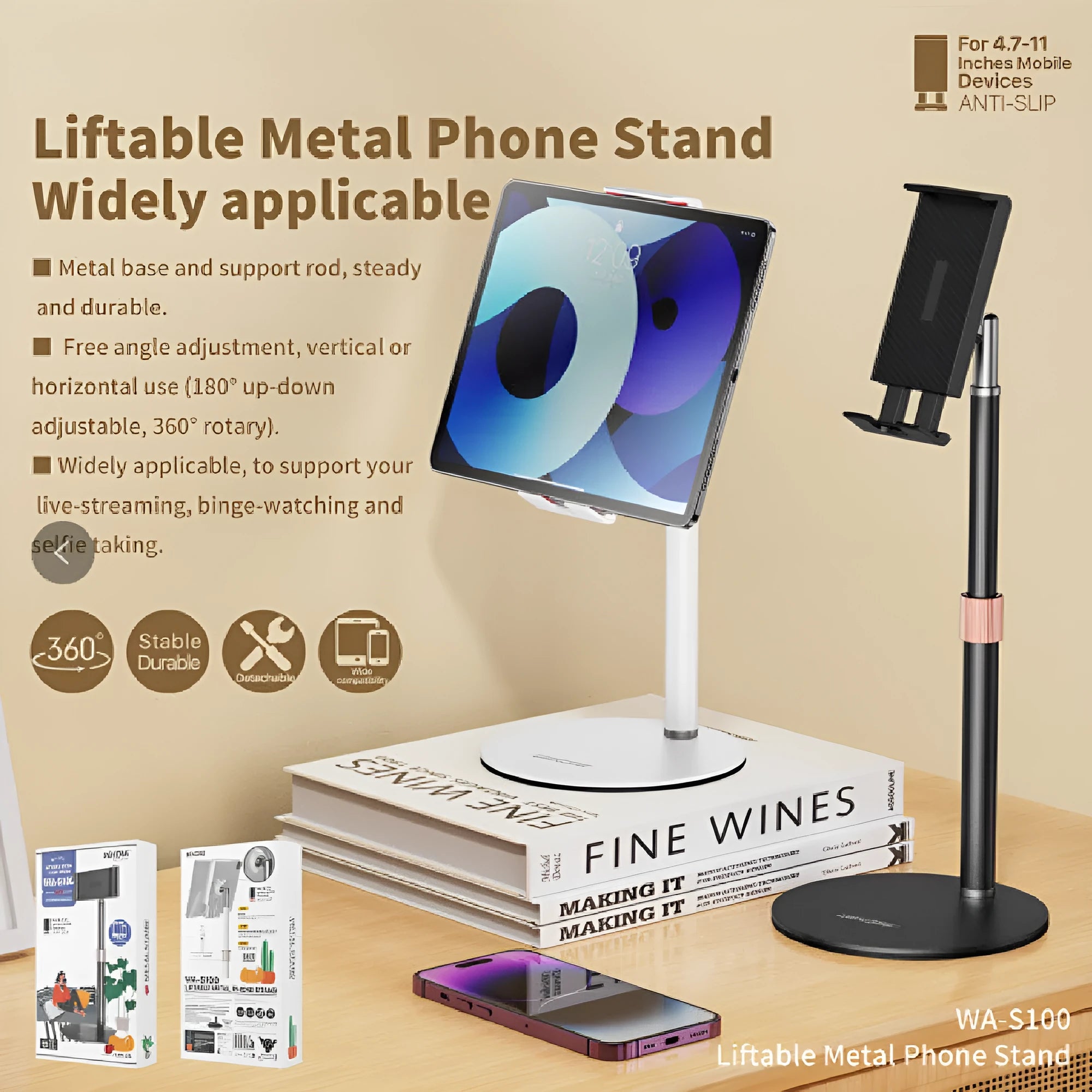 Black adjustable metal tablet bracket with telescopic arm extended, holding an 11 inch tablet.