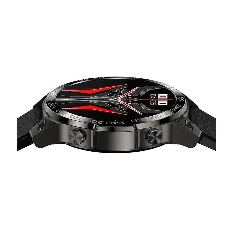 Round Bluetooth sports watch with AMOLED display on a silicone strap, showing heart rate and call functions.